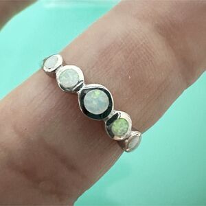 Five Stone Bezel Set Lab Created White Opal Stackable Ring 925 Sterling Silver